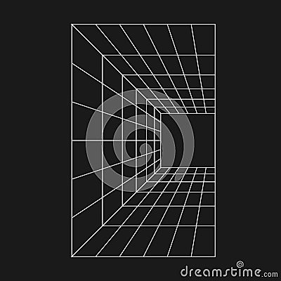Retrofuturistic perspective grid tunnel. Cyber retro design element. Wireframe tunnel in cyberpunk 80s style Vector Illustration