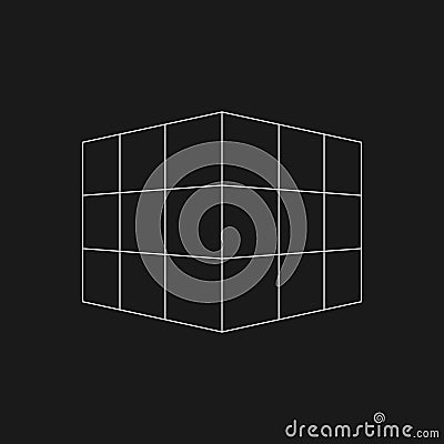 Retrofuturistic perspective mesh cube. Digital cyber retro design element. Cube in cyberpunk 80s style. Perspective Vector Illustration