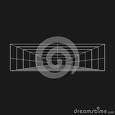 Retrofuturistic perspective rectangular tunnel. Cyber retro design element. Grid tunnel in cyberpunk 80s style Vector Illustration