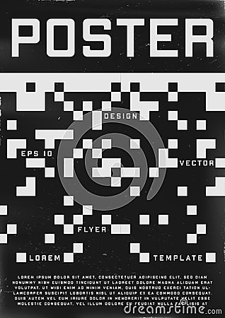 Retrofuturistic poster design. Cyberpunk 80s style poster with pixel 8 bit pattern. Shabby scratched flyer template for Vector Illustration
