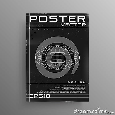 Retrofuturistic poster design with ellipse planet. Black and white retro cyberpunk poster with HUD elements. Cover Vector Illustration