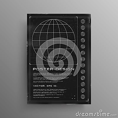 Retrofuturistic poster with HUD elements. Black and white poster design in cyberpunk style with wireframe planet and Vector Illustration