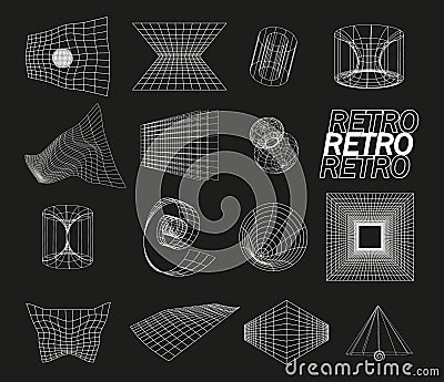 Retrofuturistic, wireframe line elements vector set. Perspective grids in cyberpunk style. Polar grid, portals circle Vector Illustration