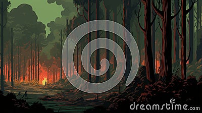 Retrospective 8-bit Eucalyptus Forest Fire Digital Graphic Design Cartoon Illustration