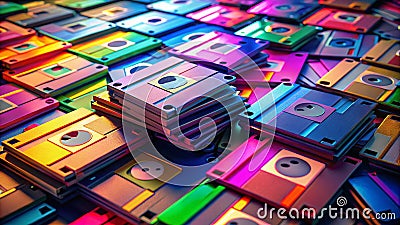 A Retrospective on Data Storage A Panoramic View of Stacked Floppy Disks Evoking the Nostalgic Era of Computing Stock Photo