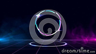 Retrowave background with sparkling glitched circle and blue and purple glows with smoke. Vector Illustration