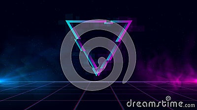 Retrowave background with sparkling glitched triangle and blue and purple glows with smoke. Vector Illustration