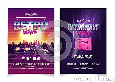 Retrowave music party nightclub ad poster vector Vector Illustration