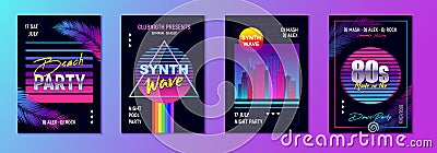 Retrowave Party Posters Set Vector Illustration