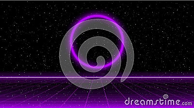 Retrowave sci-fi purple laser perspective grid and glowing circle on starry space background. Retrofuturistic cyber Vector Illustration