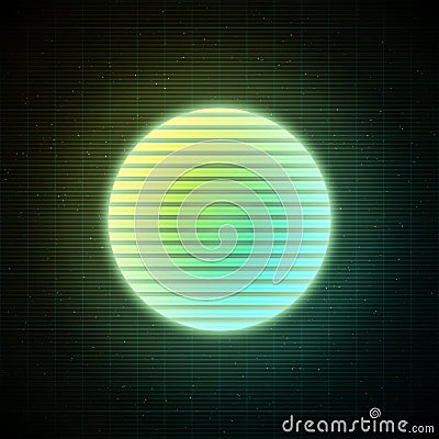 Retrowave style striped sun with yellow, green and blue glowing in starry space with laser grid. Vaporwave, synthwave Vector Illustration