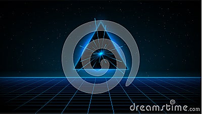 Retrowave synthwave vaporwave blue cyber laser grid with blue glowing triangle portal with speed rays in starry space Vector Illustration