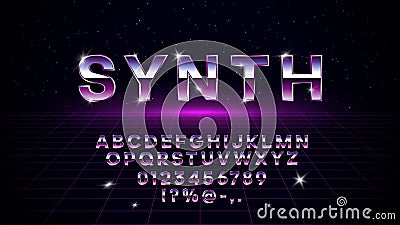 Retrowave synthwave vaporwave font in 1980s style. Retrowave design letters, numbers, symbols and set of lens flare on Vector Illustration