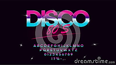 Retrowave synthwave vector font in 1980s style. Retro design letters, numbers, symbols and set of lens flare on dark Vector Illustration