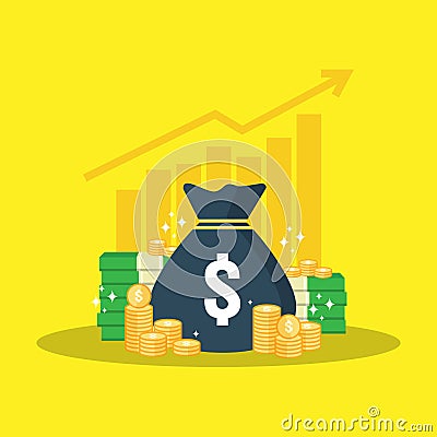 Return on investment ROI concept. business growth arrows to success. dollar stack pile coins and money bag. chart increase profit. Vector Illustration