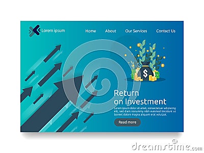 Return on investment ROI concept. Financial business growth arrows to success. dollar stack pile coins and money bag. chart increa Vector Illustration