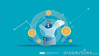 Return on investment ROI, profit opportunity concept. business growth arrows to success. grow dollar coin plant money bag on big Vector Illustration