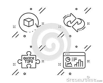 Return package, Quick tips and Refresh icons set. Seo statistics sign. Exchange goods, Tutorials, Rotation. Vector Vector Illustration