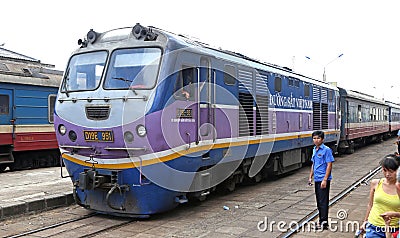 The Reunificaiton Express pulls into Quy Nhon, Vietnam Editorial Stock Photo