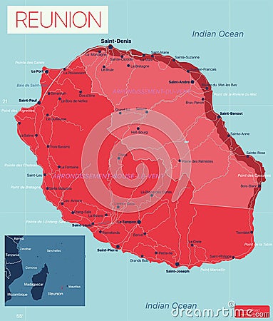 Reunion island detailed editable map Vector Illustration