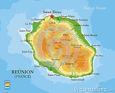 Reunion island highly detailed physical map Vector Illustration