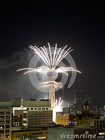 Reunion Tower Ring with fireworks in city Dallas Editorial Stock Photo