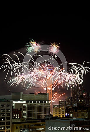 Reunion Tower Ring with fireworks in city Dallas Editorial Stock Photo