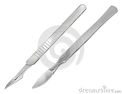 Reusable all-metal scalpel and delicate pointed scalpel with removable blade. Manual surgical instrument. Realistic Vector Illustration