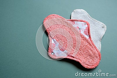 Reusable cloth sanitary menstrual pads. Zero waste period. Feminine washable, eco friendly personal hygiene supplies. Womens Stock Photo