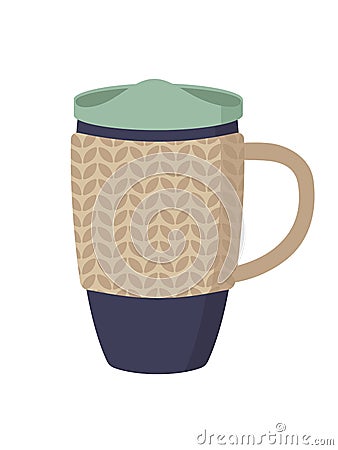 Reusable cup, thermo mug with cover. Thermos for take away coffee Vector Illustration