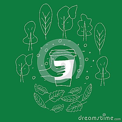 Reusable cup among treas and leaves. Vector Illustration