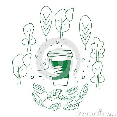Reusable cup among treas and leaves. Vector Illustration