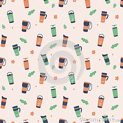 Reusable cups, thermo mug and tumblers with cover for hot coffee and tea. Hand drawn seamless pattern. Vector Vector Illustration