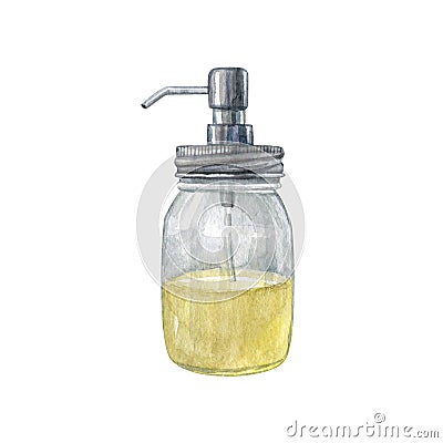 Reusable glass dispenser with yellow dishwashing liquid Cartoon Illustration