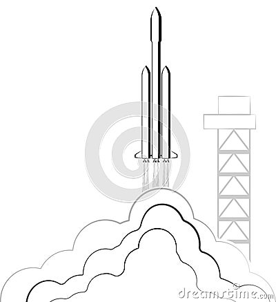 Reusable launch rockets into space. Rocket return to earth. The spaceship comes on to the orbit. Falcon. Vector Illustration