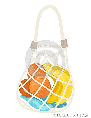 Reusable mesh grocery bag with fresh fruit. Eco-friendly shopping tote with oranges, bananas, and apples. Sustainable Vector Illustration