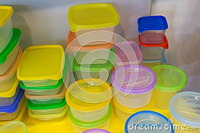 Reusable plastic container on the counter Stock Photo