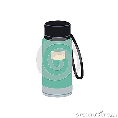 Reusable recycled sports water bottle. Plastic drink container closed with cap, lid and string loop. Eco travel package Vector Illustration