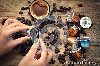 Reusable or refillable coffee capsule versus aluminum one concept to recycle Stock Photo