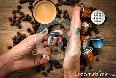 Reusable or refillable coffee capsule versus aluminum one concept to recycle Stock Photo