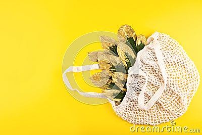 Reusable shopping net bag with green and golden leaves on yellow fall autumn background. Top view of eco friendly mesh shopping Stock Photo