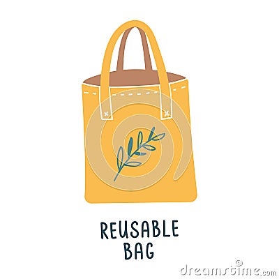 Reusable tote bag for shopping, cotton fabric bag, no plastic lifestyle, zero waste concept, isolated vector icon Vector Illustration