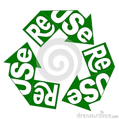 Reuse creative lettering on green recycle arrow sign. ecology label, save the Eart concept. Vector Vector Illustration