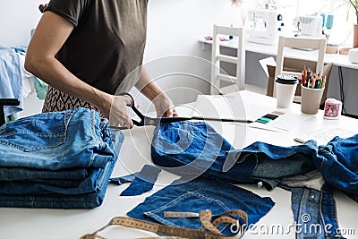 Reuse, repair, upcycle. Sustainable fashion, Circular economy. Denim upcycling ideas, repair and using old jeans. Close Stock Photo