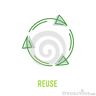 Reuse Sign with Green Rotate Arrows in Linear Style Isolated on White Background. Garbage Recycling and Reusing Icon Vector Illustration