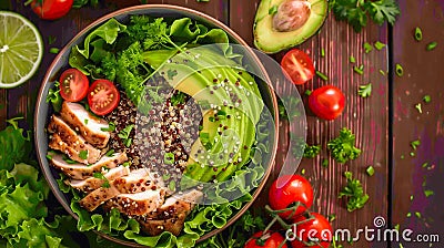 Healthy salad bowl with quinoa, tomatoes, chicken, avocado, lime and mixed greens, lettuce, parsley on wooden background top view Stock Photo