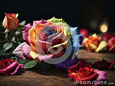 Vibrant Blossoms: Radiant Rainbow Roses Stock Photo