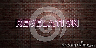 REVELATION - fluorescent Neon tube Sign on brickwork - Front view - 3D rendered royalty free stock picture Stock Photo