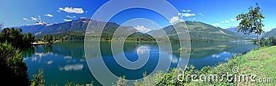 Landscape Panorama of Columbia River with Big Eddy at Revelstoke with Monashee Mountains, British Columbia, Canada Stock Photo