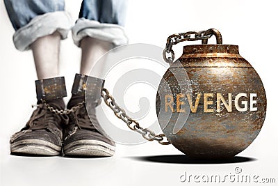 Revenge can be a big weight and a burden with negative influence - Revenge role and impact symbolized by a heavy prisoner`s weigh Cartoon Illustration